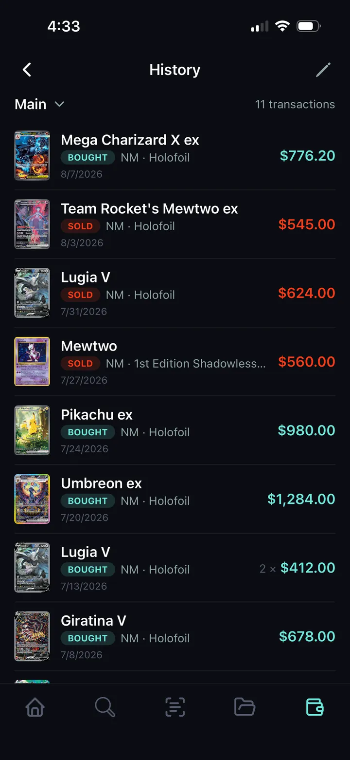 Krakn transaction history showing bought and sold cards with prices