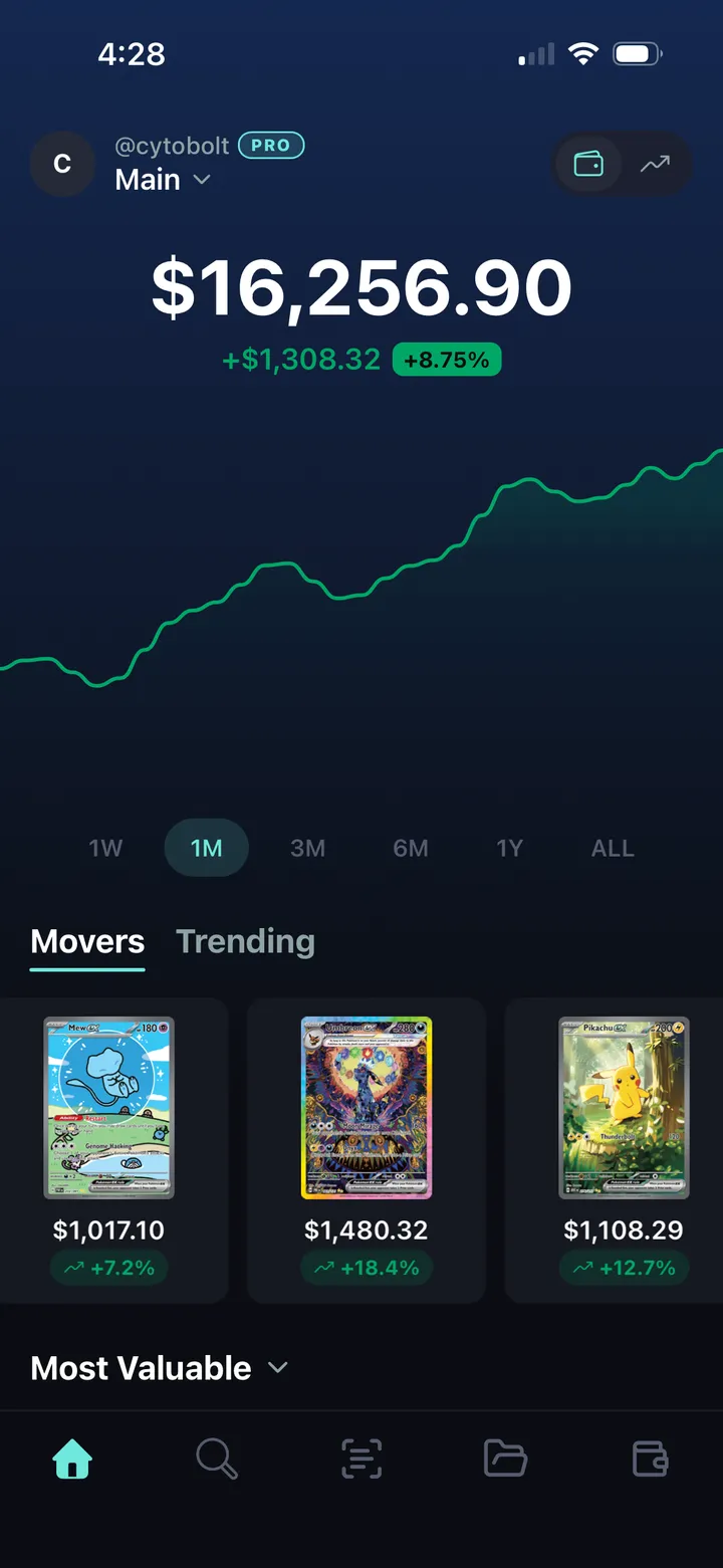 Krakn home screen showing a $16,256.90 collection value, a rising value chart, and top movers