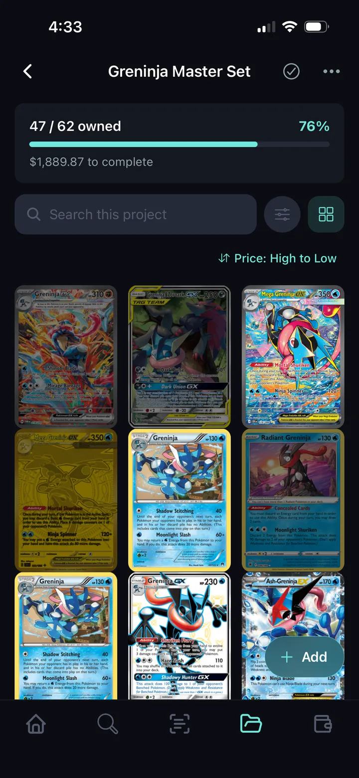 Krakn Greninja master set project showing 47 of 62 cards owned and $1,889.87 left to complete