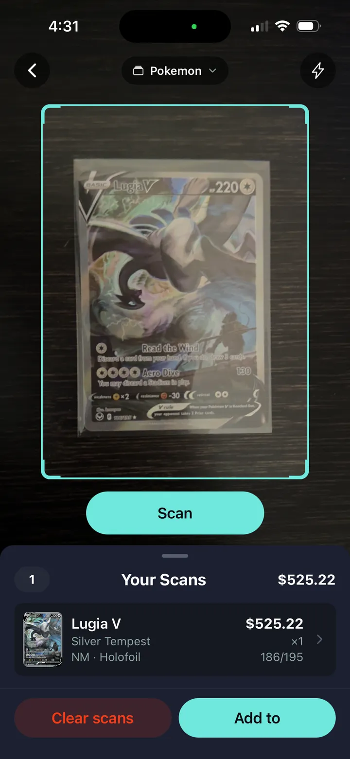 Krakn scanner identifying a Lugia V card through the camera with a running scan total