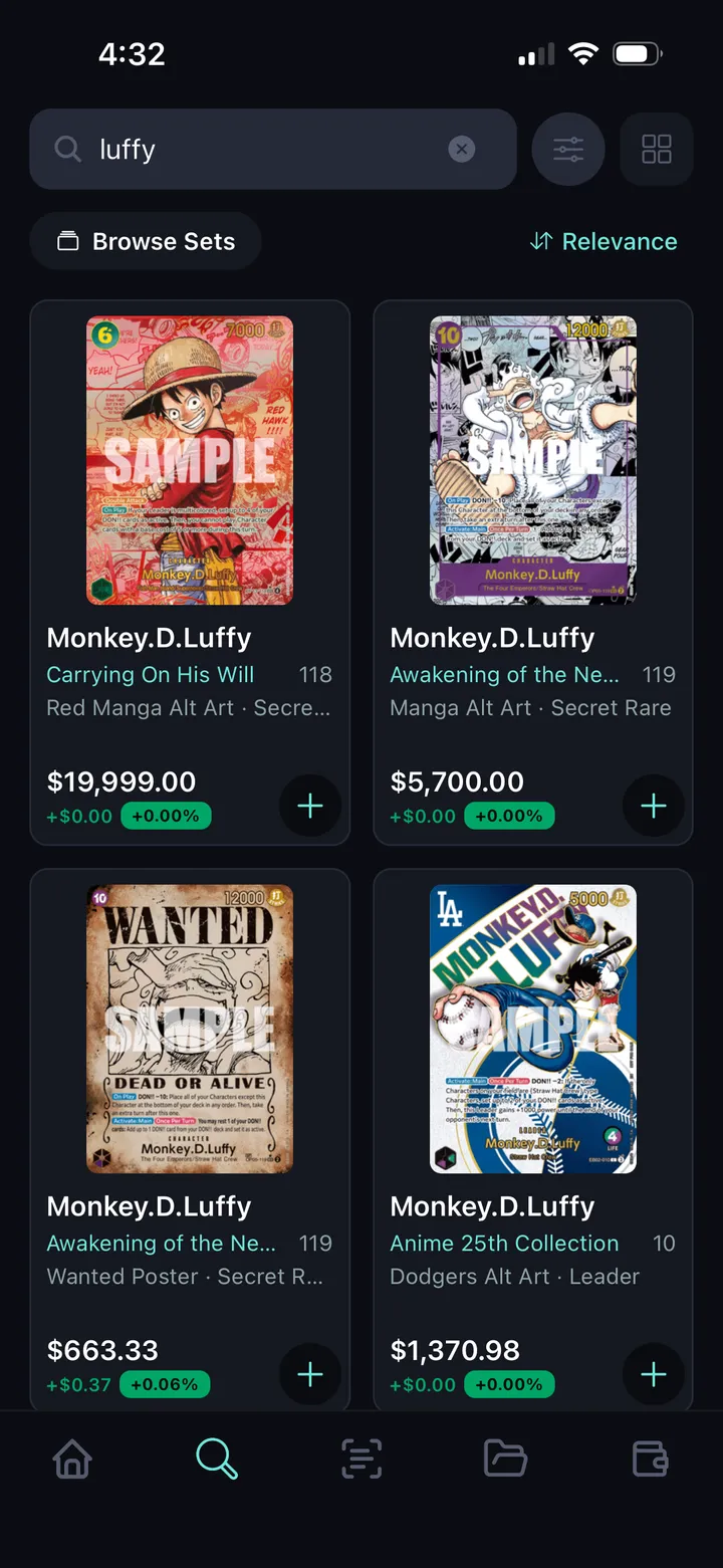 Krakn search results for Luffy showing One Piece cards with live prices